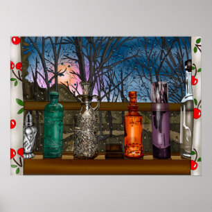 Glass Bottles in Window full of Raindrops Poster