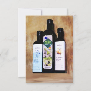 Glass bottles with olive, pumpkin, linseed oil RSVP card