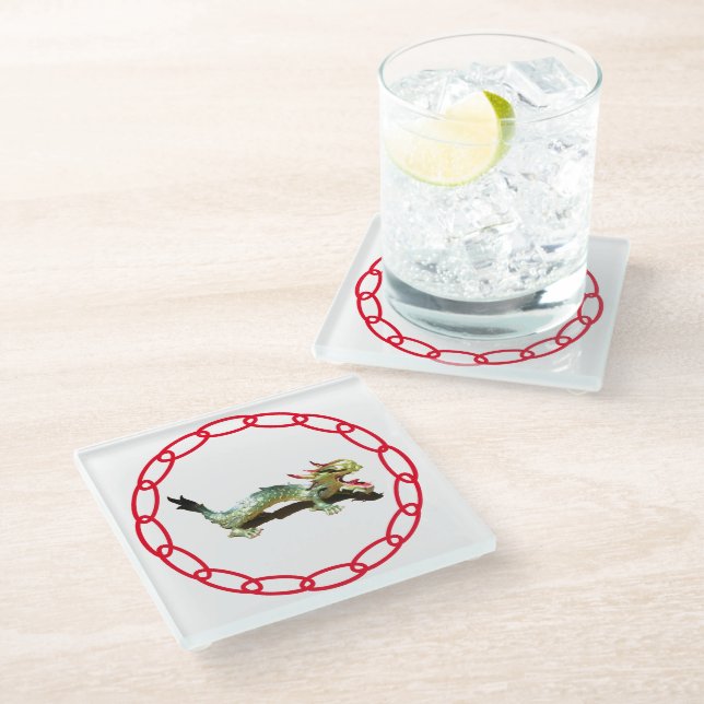 Glass Coaster - Dragon and Shadow with Red Chain (Angled)