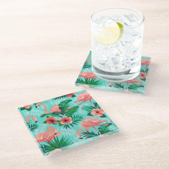 Glass Coaster Flamingo Tropical Palms  (Angled)