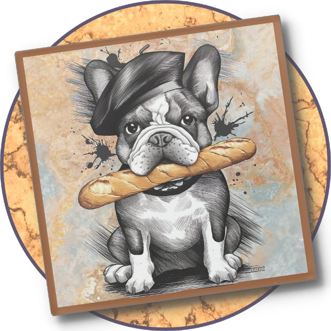 Glass COASTER -Frenchie on a Coaster with Baguette (Creator Uploaded)
