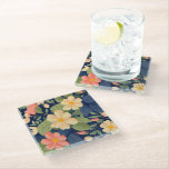 Glass Coaster Navy Peach Pink Floral Botanical<br><div class="desc">Bold botanical floral glass coaster featuring navy peach pink garden design — the most gloriously cheerful and deeply lush illustrated botanical table accent your most beloved surfaces have ever had the absolute pleasure of hosting! Oversized creamy peach daisy blooms with sunny golden centers burst forward with the most joyfully confident...</div>