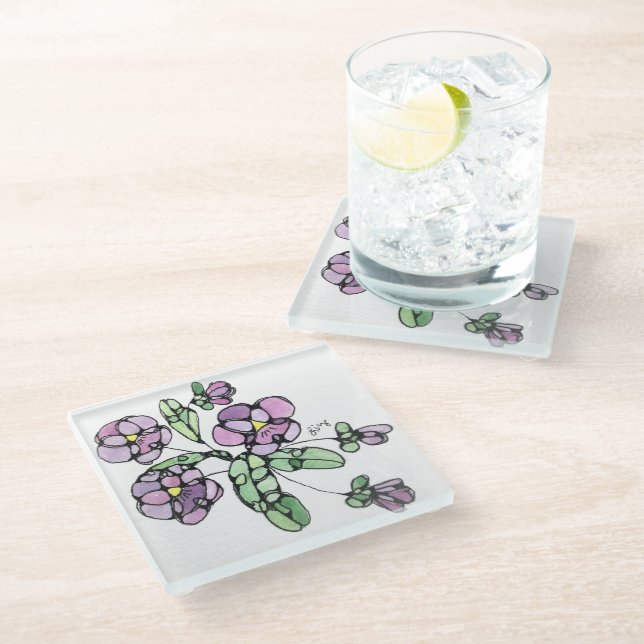 Glass Coaster - Purple Pansies (Angled)