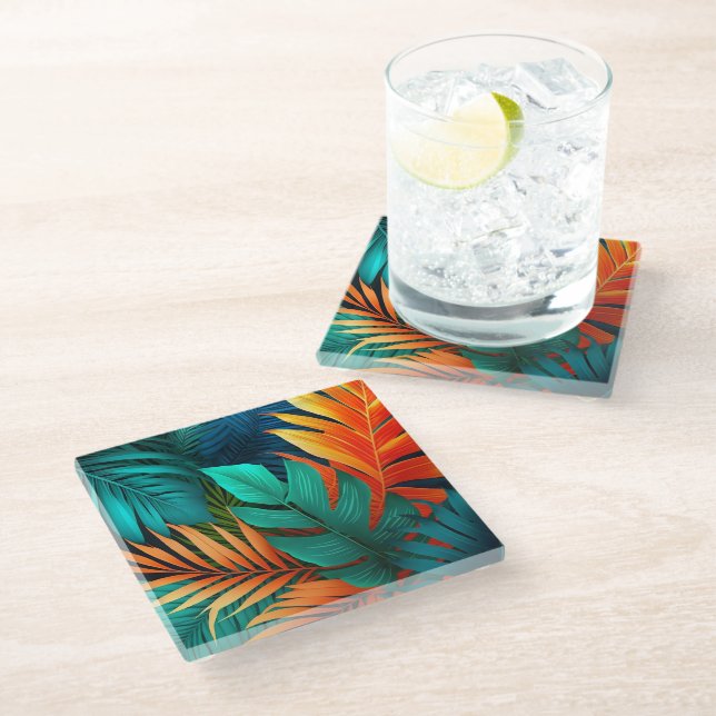Glass Coaster Tropical Palms Print (Angled)