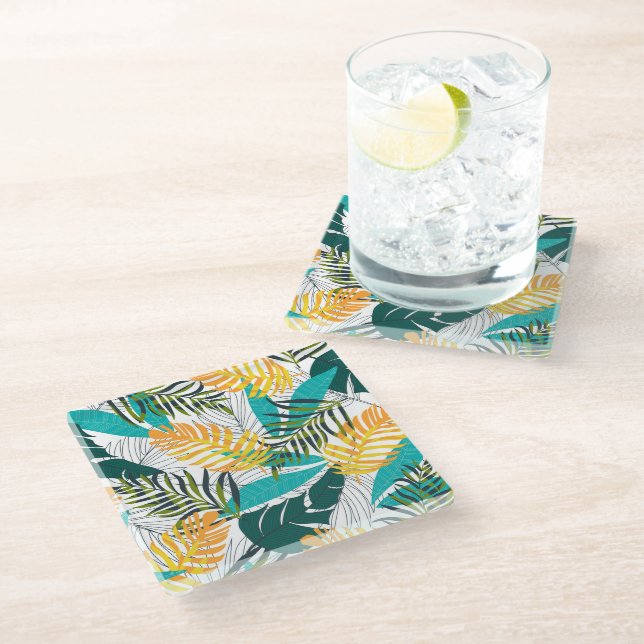 Glass Coaster Tropical Palms Print (Angled)