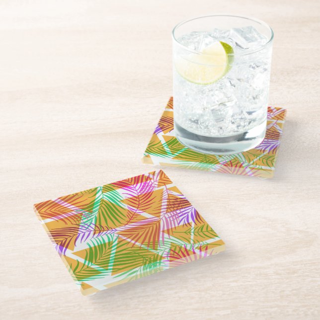 Glass Coaster Tropical Palms Print (Angled)