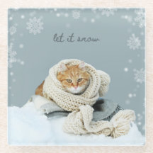 Glass Coaster Winter Cat Let It Snow