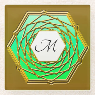 Glass Coaster With Gold and Green Hexagon Design