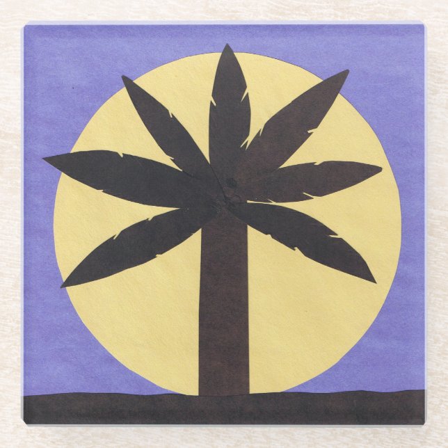Glass Coaster with Palm Tree and Full Moon Design (Front)