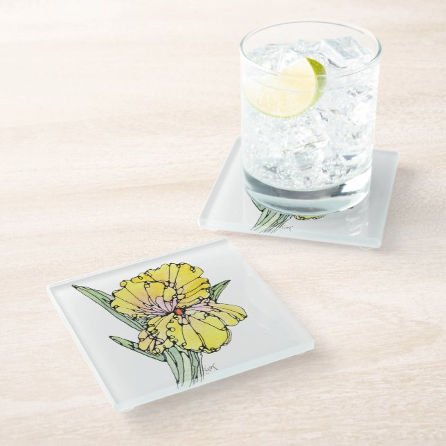 Glass Coaster - Yellow Iris (Angled)