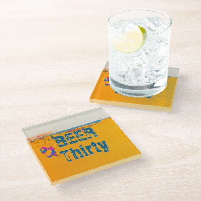Glass coasters say Beer thirty (Angled)