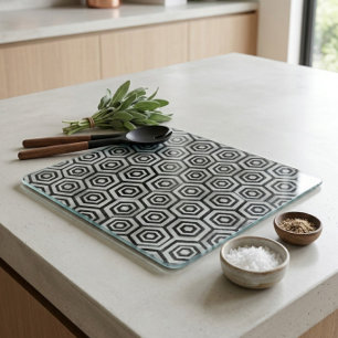 Glass Cutting Board Black White Hexagon Geometric