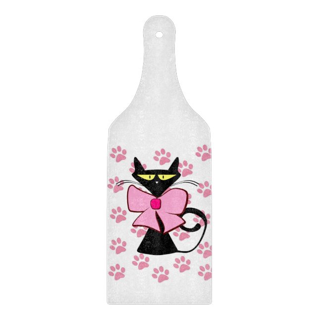 Glass Cutting Board Cat Pink Bow Meow (Front)