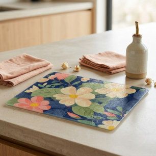 Glass Cutting Board Navy Pink Floral Botanical