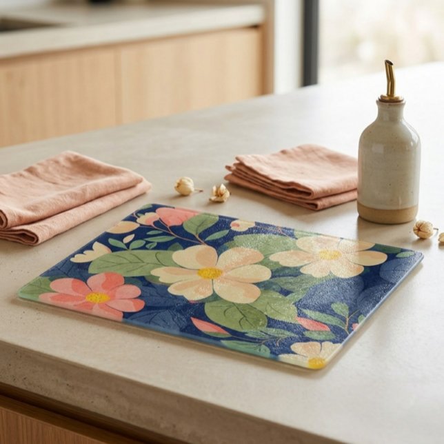 Glass Cutting Board Navy Pink Floral Botanical (Creator Uploaded)