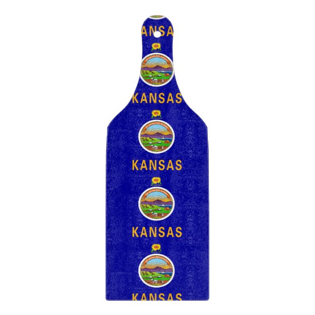 Glass cutting board paddle with Kansas flag (Front)
