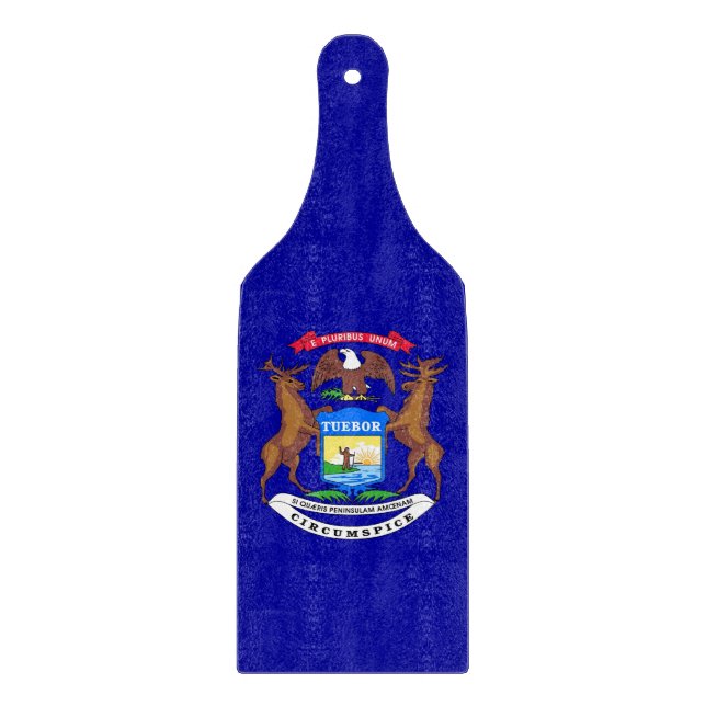 Glass cutting board paddle with Michigan flag (Front)