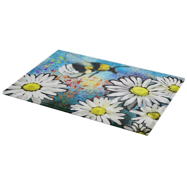 Glass Cutting Board - Whimsical Bee & Daisies (Corner)
