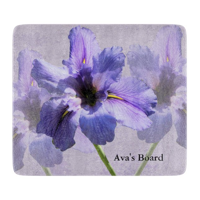 Glass Cutting Board with Blue Irises (Front)