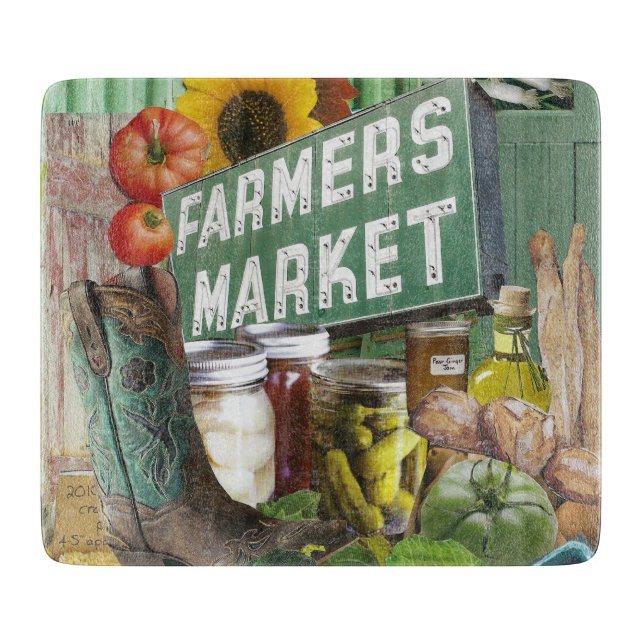 Glass Cutting Board with Farmers Market theme (Front)