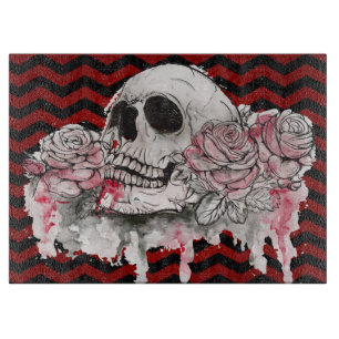 Glass Cutting skull Rose Gothic Chevron red black Cutting Board