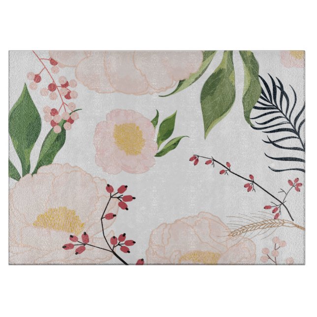 Glass Cutting White Floral Flowers on White Cutting Board (Front)