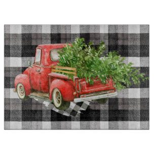 Glass Cutting XMAS Truck Baffalo Plaid Black White Cutting Board