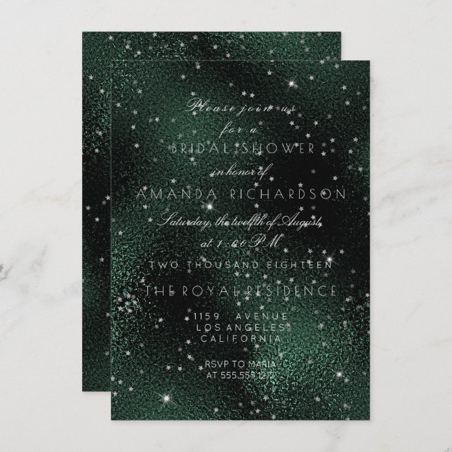 Glass Deep Green Silver Stars Bridal Bachelorette Invitation (Front/Back)