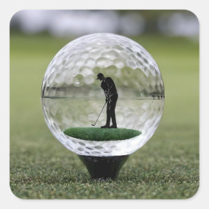 Glass Golf Ball With Golf Player Inside, Square Sticker