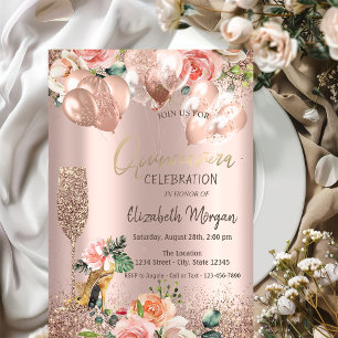  Glass,High Heels,Roses,Balloons Quinceañera   Invitation