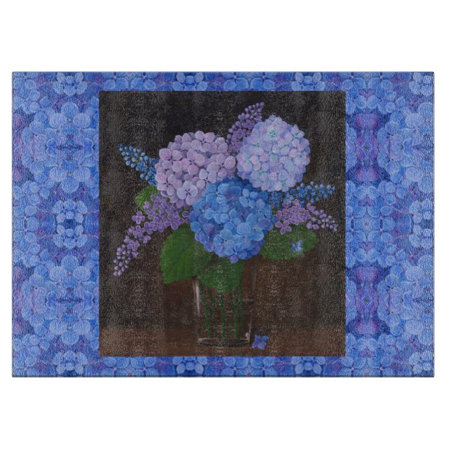 Glass Kitchen Cutting Board -Hydrangeas in Vase #2 (Front)