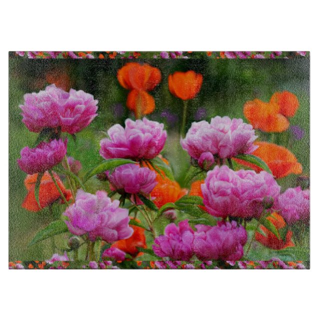 Glass Kitchen Cutting Board Peonies/Poppies (Front)