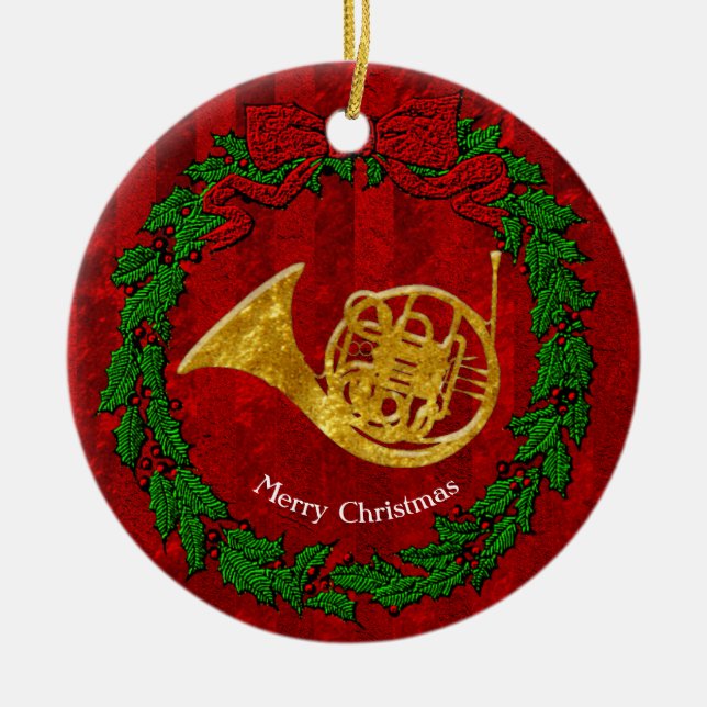 Glass Look Gold French Horn Personalise Ceramic Tree Decoration (Front)