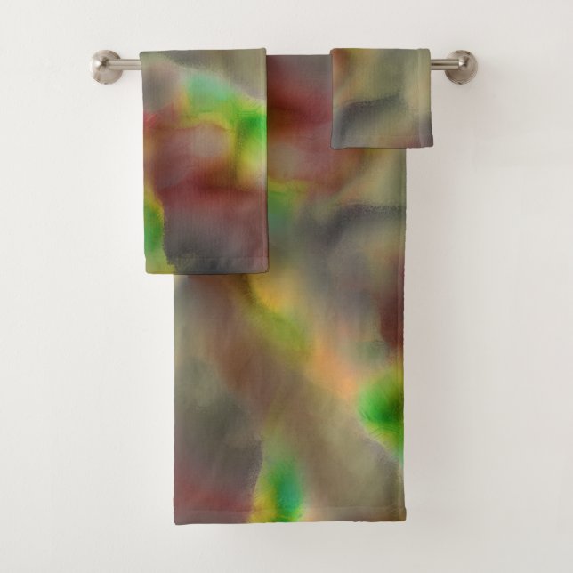 Glass look in red and lime green on shades of grey bath towel set (Insitu)