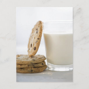 Glass of milk and cookies, close-up postcard