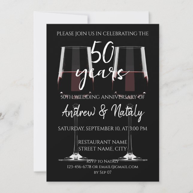 Glass of red wine on black invitation (Front)