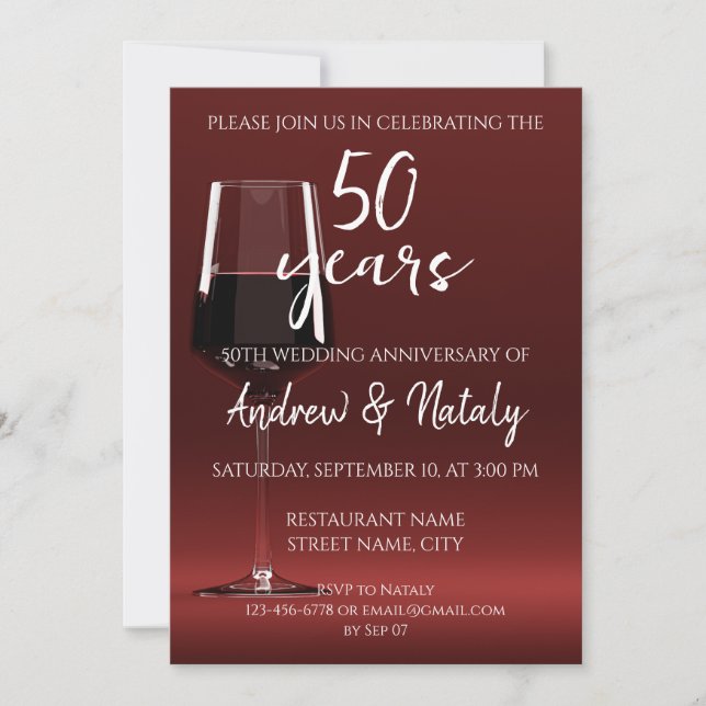 Glass of red wine on red Anniversary Invitation (Front)