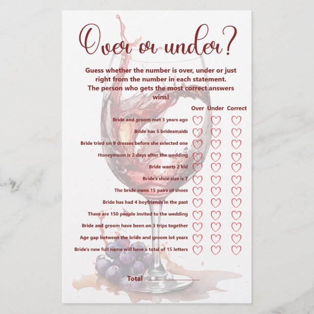Glass of red wine Over Under Bridal Shower Game (Front)