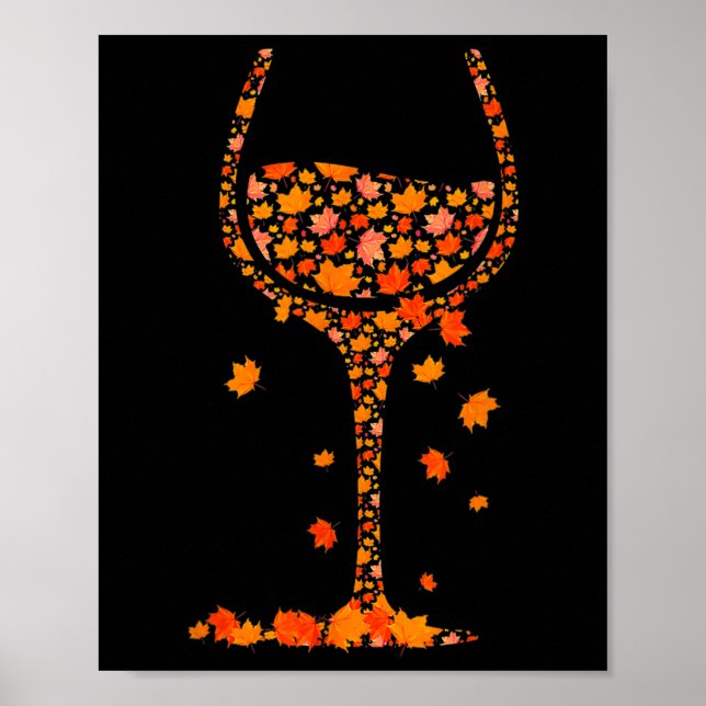 Glass Of Wine Maple Leaf Autumn Fall Funny Drink W Poster (Front)