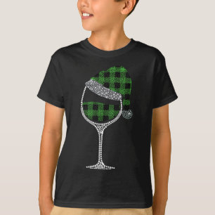 Glass of Wine Santa Hat Christmas Green Buffalo Pl T-Shirt
