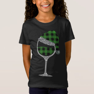 Glass of Wine Santa Hat Christmas Green Buffalo Pl T-Shirt