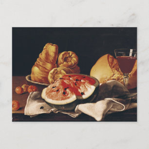 Glass of Wine, Watermelon and Bread Postcard