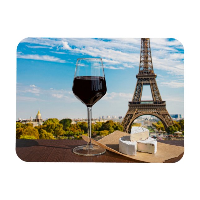 Glass of wine with brie cheese on Eiffel tower Magnet (Horizontal)