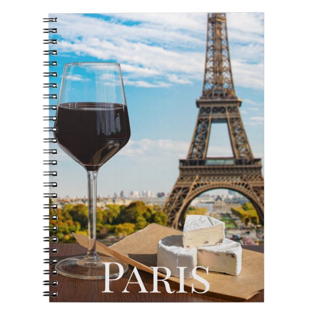 Glass of wine with brie cheese on Eiffel tower Notebook (Front)