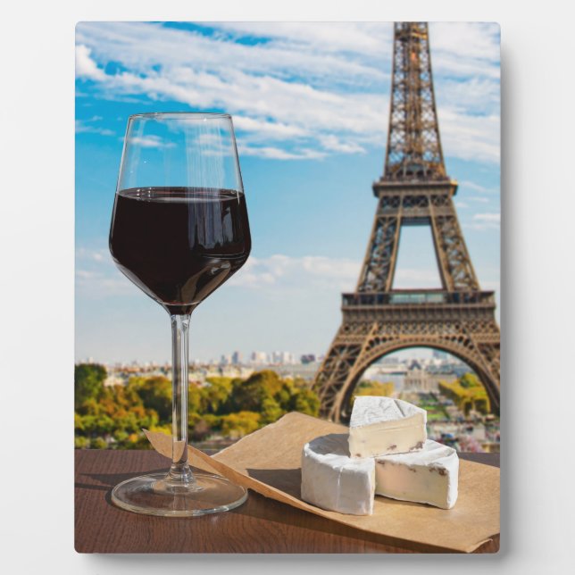 Glass of wine with brie cheese on Eiffel tower Plaque (Front)