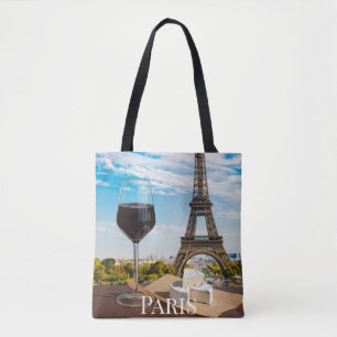 Glass of wine with brie cheese on Eiffel tower Tote Bag