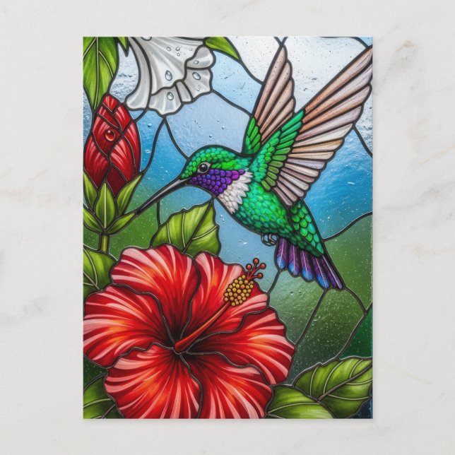 Glass Patchwork Hummingbird Garden Floral Mosaic Postcard (Front)