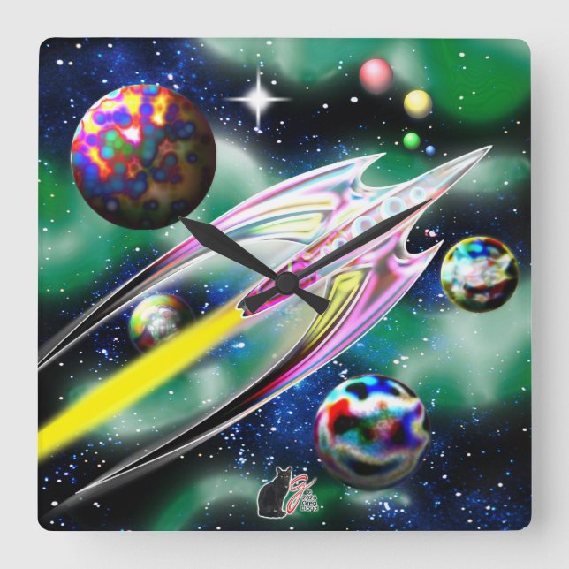 Glass Rocket Square Wall Clock (Front)