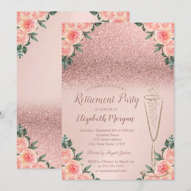 Glass Rose Gold Glitter Bokeh Floral Retirement Invitation (Front/Back)
