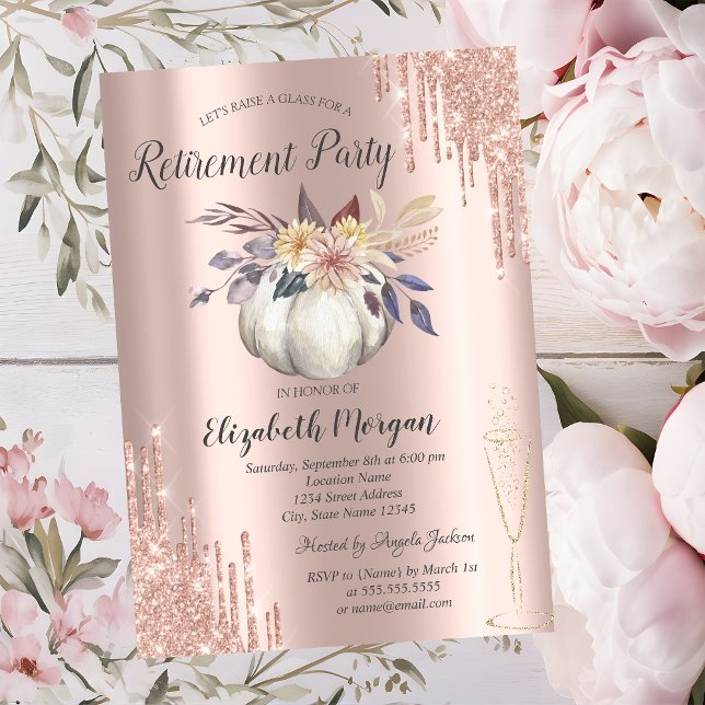 Glass Rose Gold Glitter Drips Pumpkin Retirement  Invitation (Creator Uploaded)